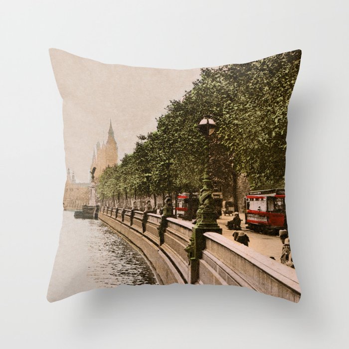 Vintage The Embankment, River Thames, London Throw Pillow