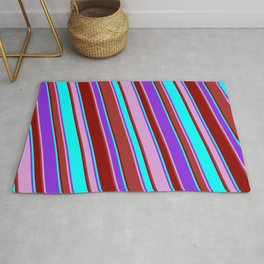 [ Thumbnail: Purple, Plum, Brown, Dark Red & Cyan Colored Lines/Stripes Pattern Rug ]