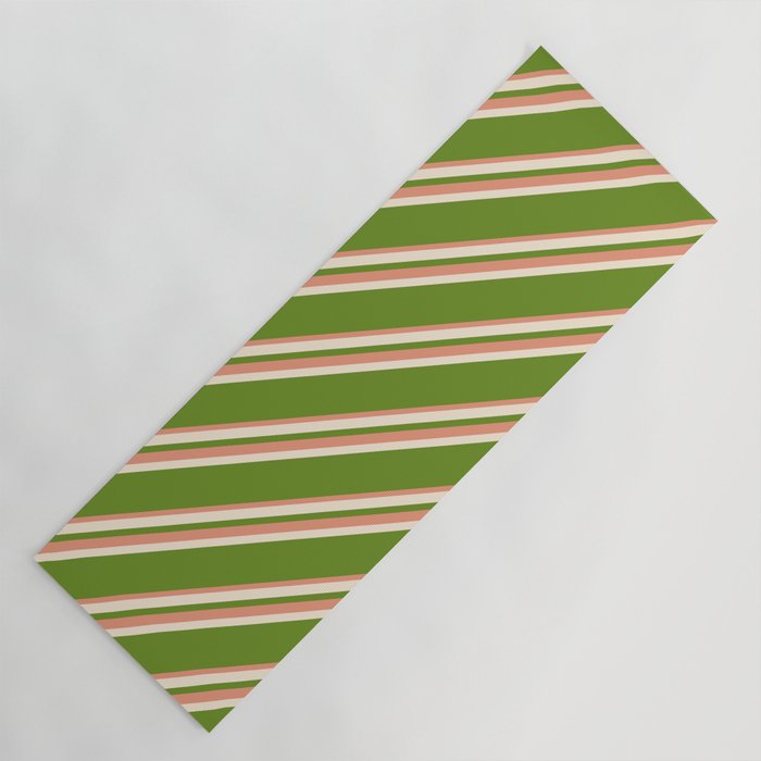 Beige, Green & Dark Salmon Colored Striped/Lined Pattern Yoga Mat