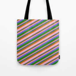 [ Thumbnail: Chocolate, Light Pink, Medium Slate Blue, and Forest Green Colored Stripes/Lines Pattern Tote Bag ]