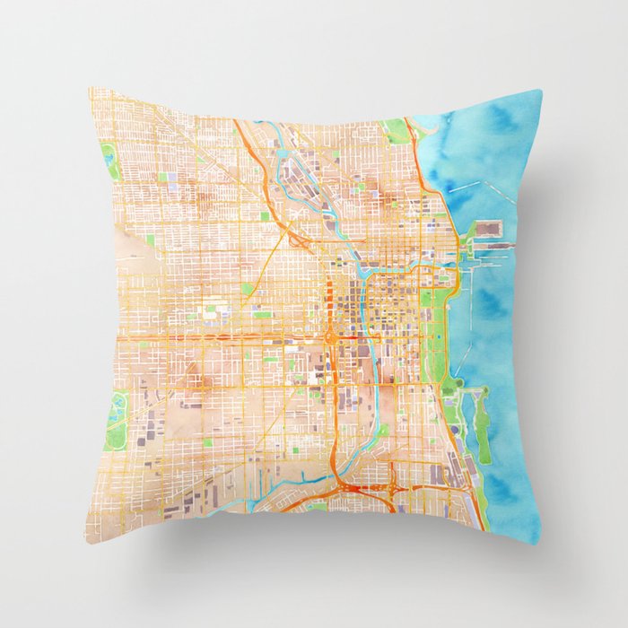 Chicago watercolor map design Throw Pillow