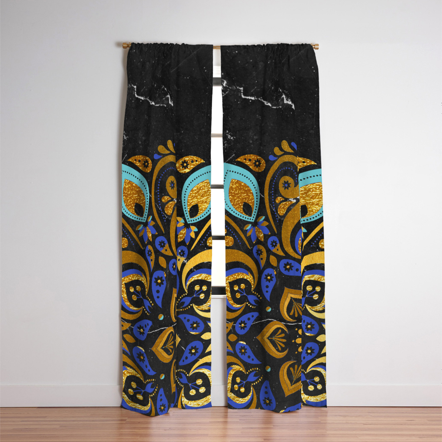 Luxury Shiny Gold Navy Blue Mandala On Modern Black Marble Stone