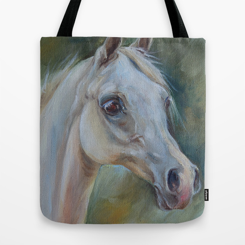 Gray Arabian Horse Portrait Arab Horse Head Oil Painting Tote Bag