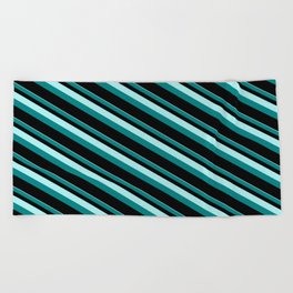 [ Thumbnail: Turquoise, Teal & Black Colored Pattern of Stripes Beach Towel ]