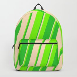 [ Thumbnail: Bisque, Chartreuse, and Lime Green Colored Striped Pattern Backpack ]