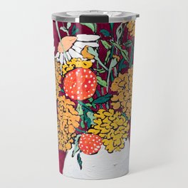 Marigold, Daisy and Wildflower Bouquet Fall Floral Still Life Painting on Eggplant Purple Travel Mug