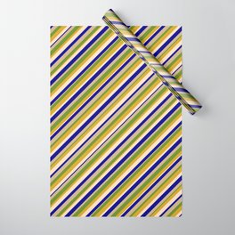 [ Thumbnail: Vibrant Dark Blue, Tan, Green, Goldenrod & Bisque Colored Striped Pattern Wrapping Paper ]