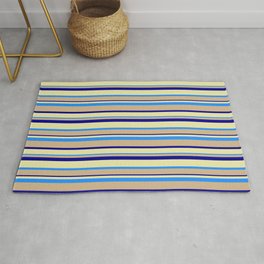 [ Thumbnail: Tan, Dark Blue, Pale Goldenrod & Blue Colored Lined Pattern Rug ]