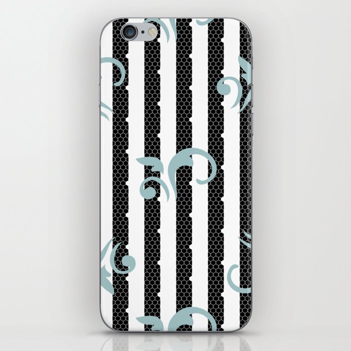 Sage Turquoise Lace Paisley and White Dots on Black and White Stripes iPhone Skin