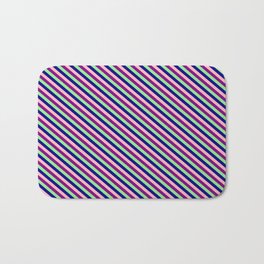 [ Thumbnail: Light Pink, Purple, Light Green & Blue Colored Pattern of Stripes Bath Mat ]