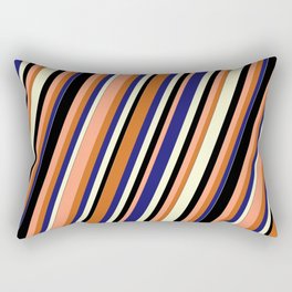 [ Thumbnail: Vibrant Light Salmon, Chocolate, Midnight Blue, Light Yellow, and Black Colored Stripes Pattern Rectangular Pillow ]