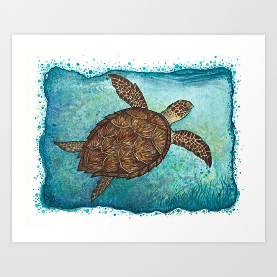 "Hawksbill Sea Turtle" by Amber Marine ~ Watercolor & Sea Salt Painting, (c) 2016 Art Print