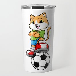 Cat as Soccer player with Soccer ball and Shoes Travel Mug