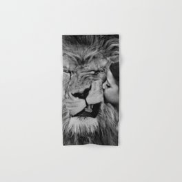 Grouchy Lion being kissed by brunette girl black and white photography Hand & Bath Towel