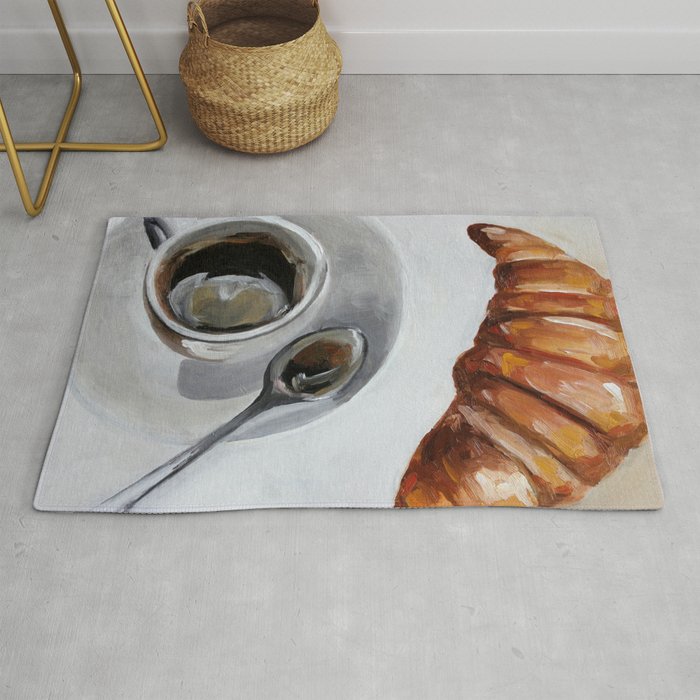 French breakfast, coffee and croissant, original oil painting, daily art Rug