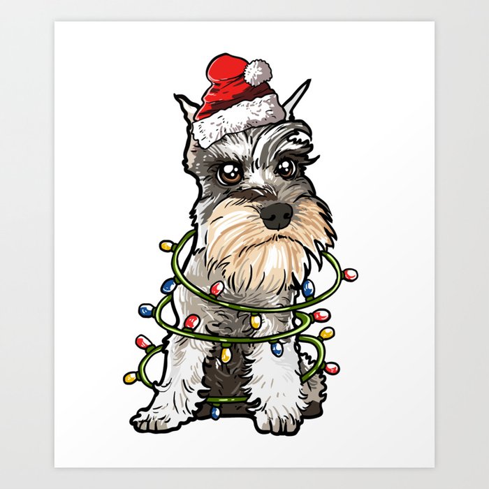 Schnauzer Santa Christmas Tree Lights Art Print