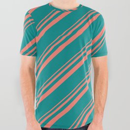 [ Thumbnail: Salmon and Dark Cyan Colored Lined/Striped Pattern All Over Graphic Tee ]