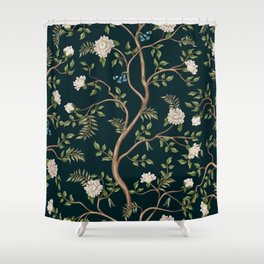 Design with white peonies trees in chinoiserie style. Interior hand drawn Shower Curtain
