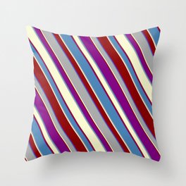 [ Thumbnail: Colorful Purple, Blue, Dark Grey, Light Yellow, and Dark Red Colored Striped/Lined Pattern Throw Pillow ]