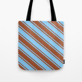 [ Thumbnail: Sienna and Light Sky Blue Colored Lines/Stripes Pattern Tote Bag ]