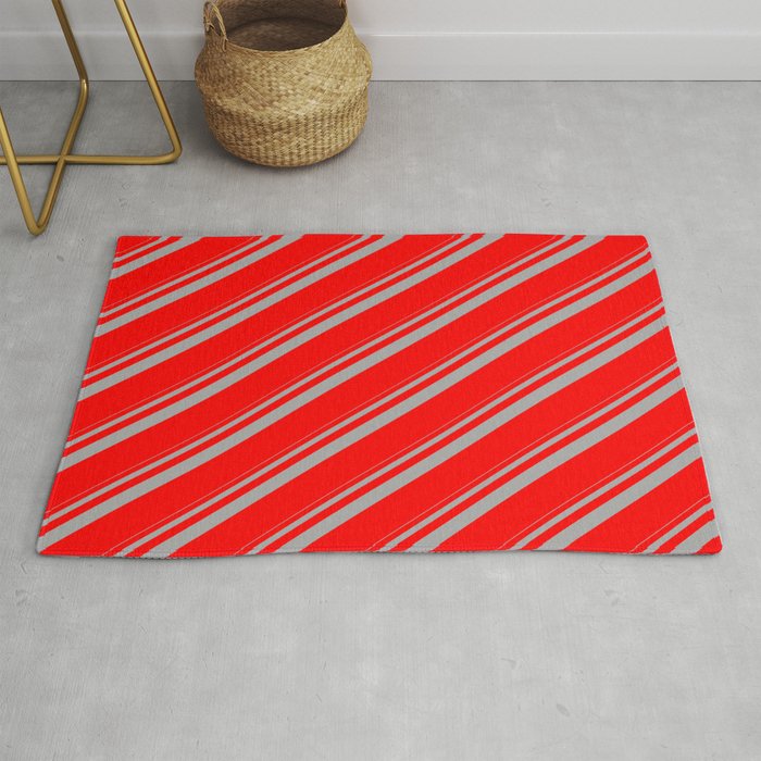 Dark Grey and Red Colored Lined Pattern Rug