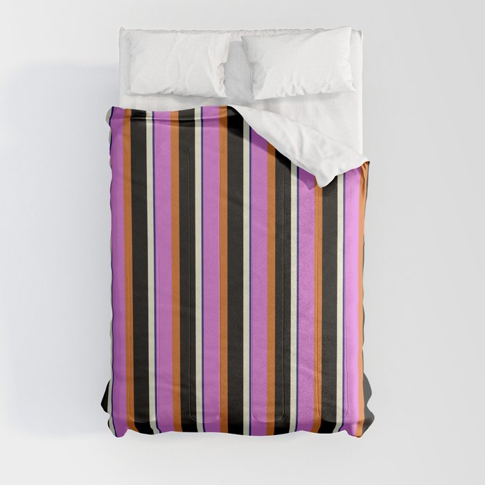 Orchid, Chocolate, Black, Beige & Midnight Blue Colored Lined/Striped Pattern Comforter