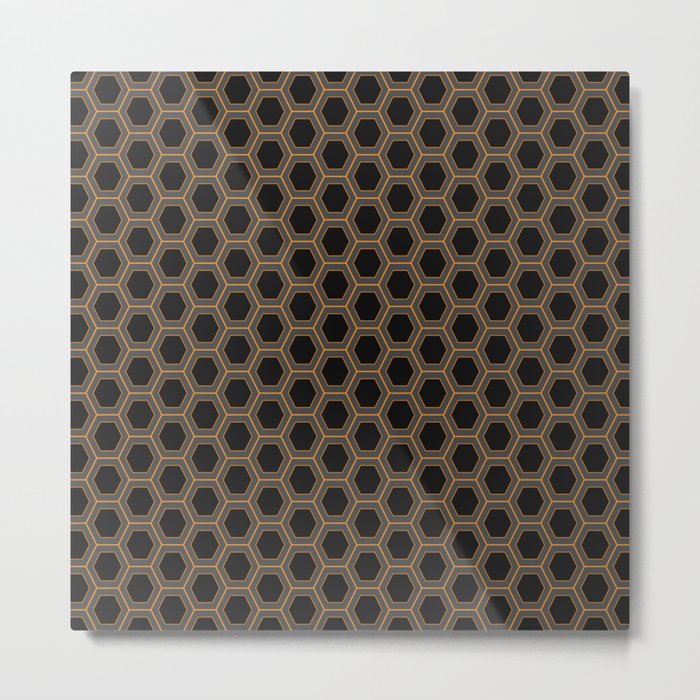 Black, Grey, and Orange Honeycomb Minimalist Pattern Metal Print