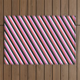 [ Thumbnail: Eye-catching Violet, Red, Dark Slate Gray, Black & White Colored Striped/Lined Pattern Outdoor Rug ]