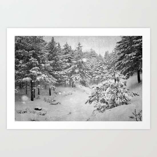 Snowing at the forest Art Print
