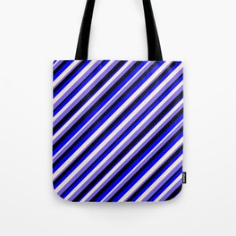 [ Thumbnail: Blue, Beige, Medium Slate Blue & Black Colored Stripes Pattern Tote Bag ]
