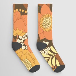 Brown, Yellow, Orange & Ivory Retro Flowers Socks