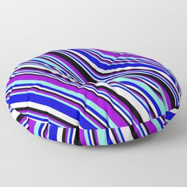 [ Thumbnail: Vibrant Dark Violet, Aquamarine, Blue, White, and Black Colored Striped/Lined Pattern Floor Pillow ]