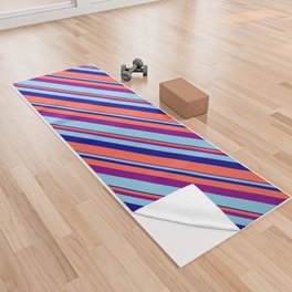 [ Thumbnail: Purple, Sky Blue, Dark Blue, and Red Colored Lines/Stripes Pattern Yoga Towel ]