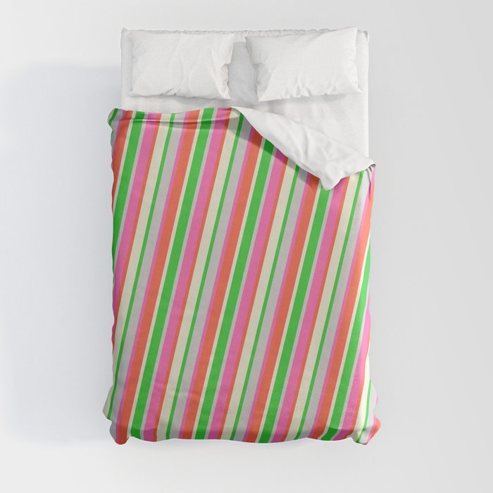Eyecatching Hot Pink, Red, Beige, Lime Green, and Light Grey Colored Lines/Stripes Pattern Duvet Cover