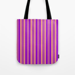 [ Thumbnail: Dark Salmon and Dark Violet Colored Lined/Striped Pattern Tote Bag ]