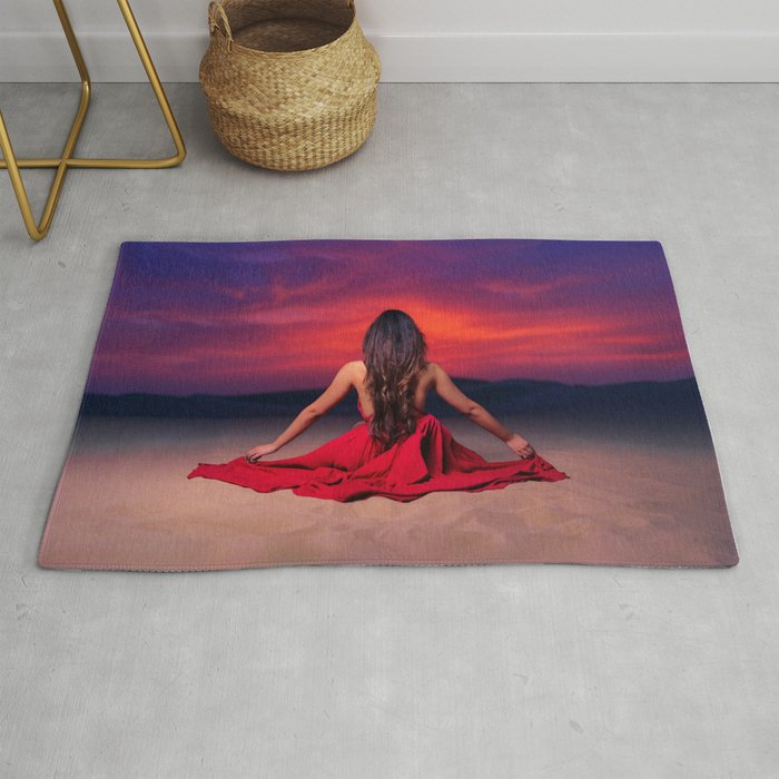 Another tequila sunrise; woman watching purple and pink sunrise in the desert magical realism female portrait color photograph / photography Rug
