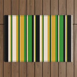 [ Thumbnail: Goldenrod, Beige, Black & Forest Green Colored Striped Pattern Outdoor Rug ]