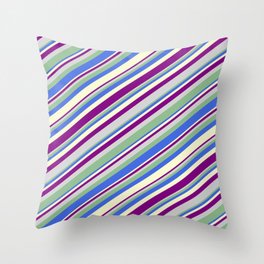 [ Thumbnail: Colorful Light Grey, Dark Sea Green, Royal Blue, Light Yellow & Purple Colored Lined/Striped Pattern Throw Pillow ]