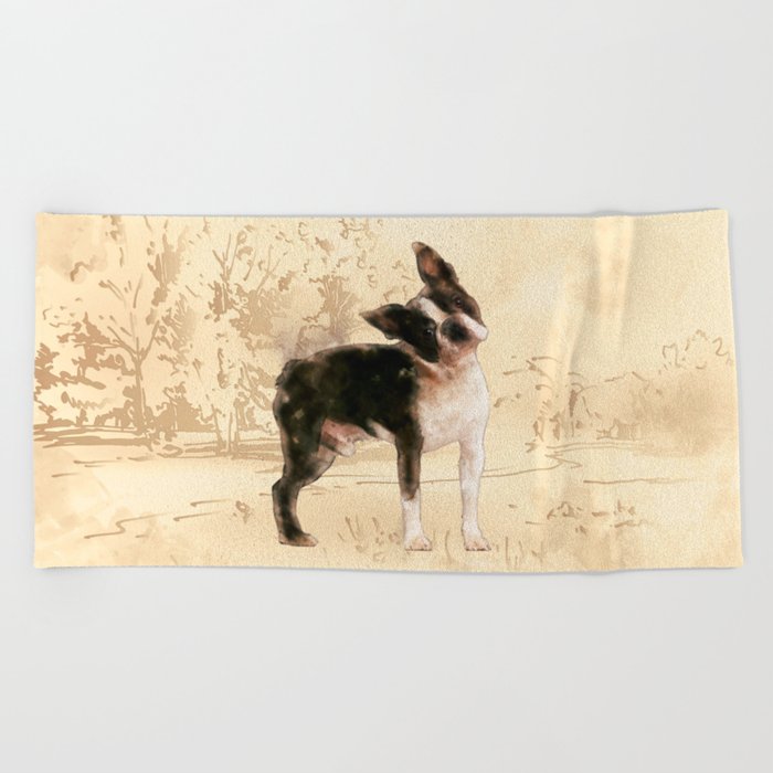 Boston Terrier Watercolor Digital Art Beach Towel