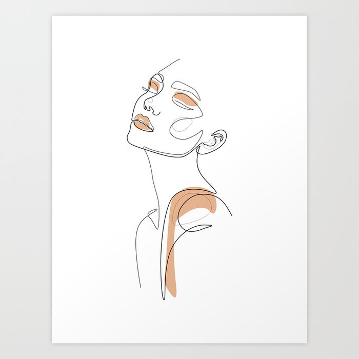 Peachy Beauty / Pastel orange girl face line drawing / Explicit Design Art Print