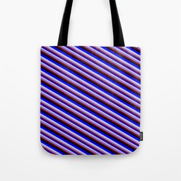 [ Thumbnail: Colorful Blue, Light Gray, Purple, Maroon, and Black Colored Stripes/Lines Pattern Tote Bag ]