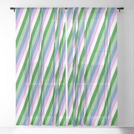 [ Thumbnail: Green, Dark Sea Green, Blue, Plum & White Colored Pattern of Stripes Sheer Curtain ]