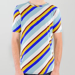[ Thumbnail: Eye-catching Yellow, Blue, Light Blue, White & Maroon Colored Lines Pattern All Over Graphic Tee ]