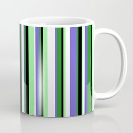 [ Thumbnail: Colorful Forest Green, Slate Blue, White, Green, and Black Colored Stripes Pattern Coffee Mug ]