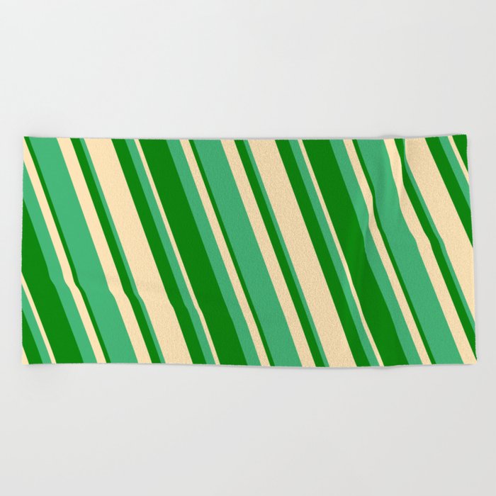 Sea Green, Green & Beige Colored Striped/Lined Pattern Beach Towel