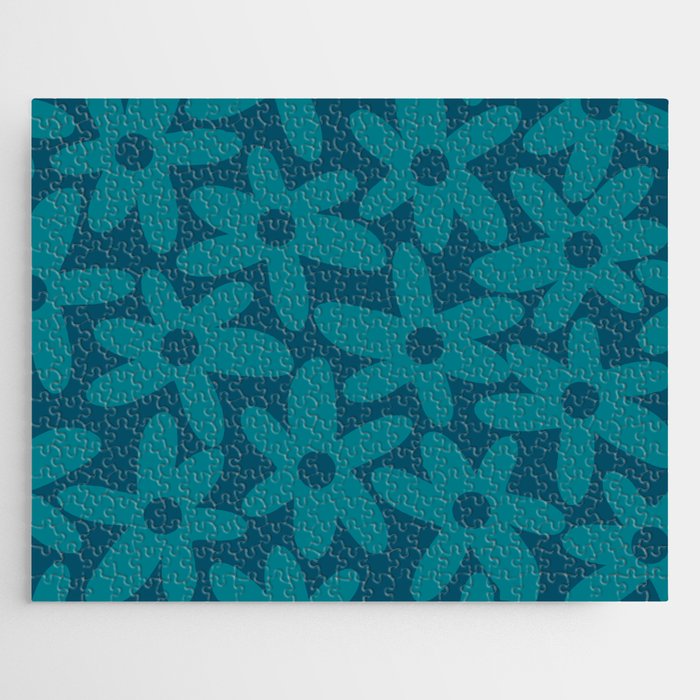 Daisy Time Retro Floral Pattern in Teal Blue Jigsaw Puzzle