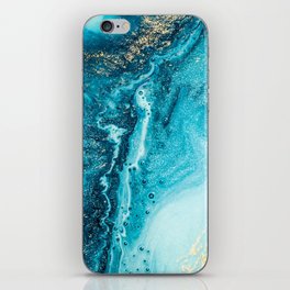 Aquamarine and Cerulean + Gold Flecked Abstract Ripples iPhone Skin