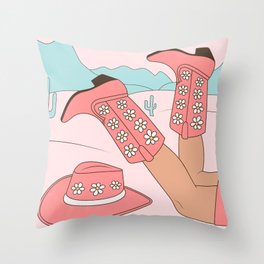 Cute Desert Cowgirl Pink Cowboy Boots Daisy Throw Pillow