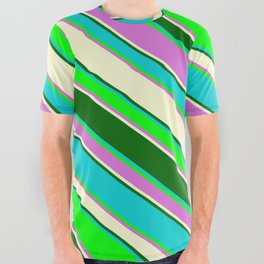 [ Thumbnail: Vibrant Dark Turquoise, Lime, Orchid, Light Yellow, and Dark Green Colored Stripes Pattern All Over Graphic Tee ]