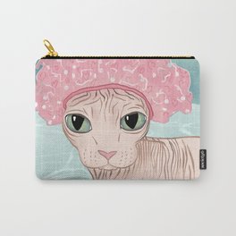 No Hair Don't Care - Sphynx Cat Wearing a Shower Cap in a Bathtub - Wrinkly Hairless Kitty Carry-All Pouch